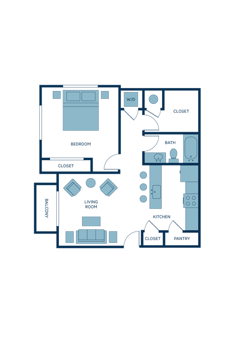 Floor plan for 1 bed, 1 bath, 781 sqft